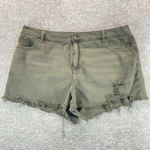 Aerie Womens XL Olive Green Distressed Denim Shorts Raw Hem Elastic Back 746